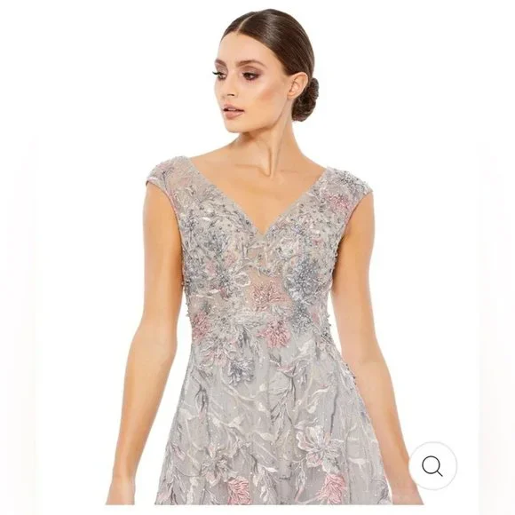 NWT MAC DUGGAL EMBROIDERED ILLUSION CAP SLEEVE A LINE GOWN SILVER 20263 - Picture 7 of 8